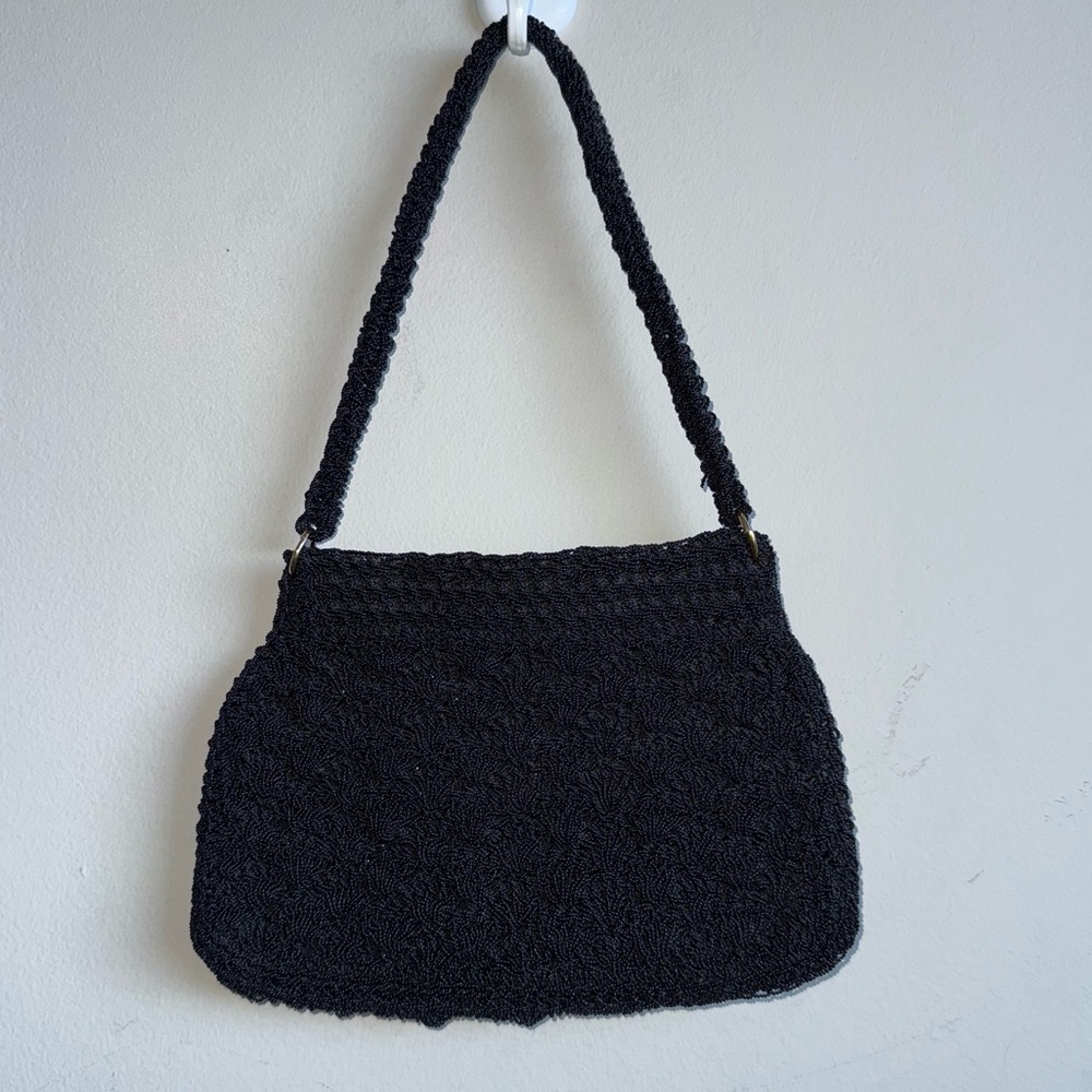 Vintage black textured handbag, Made in Japan.